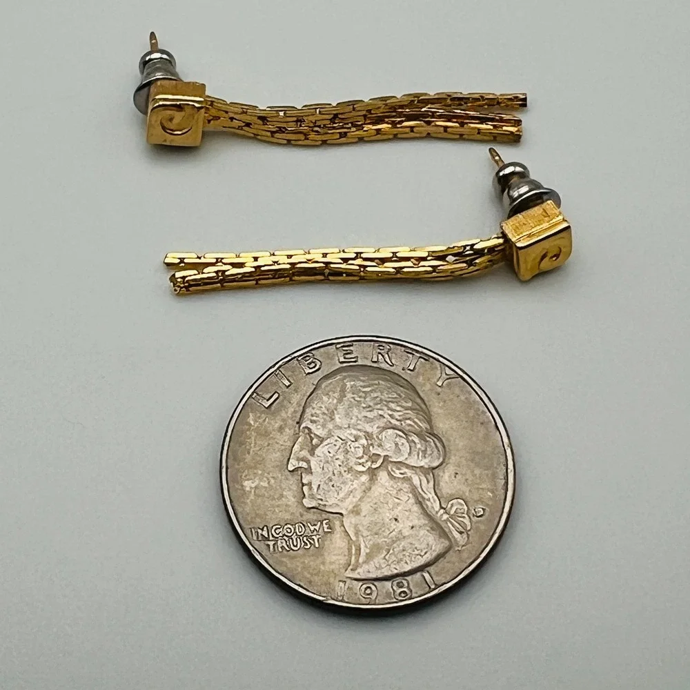 Gold Tone‎ Spiral Square Post Earrings with Multi Chain Tassel Dangle Drops